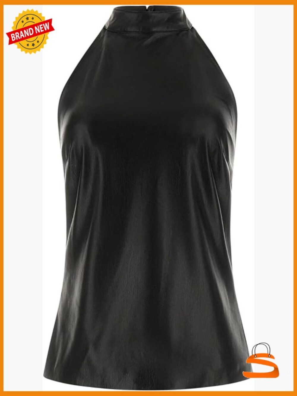 Sleeveless Faux Leather Halter Neck Tank Top with Back Zipper